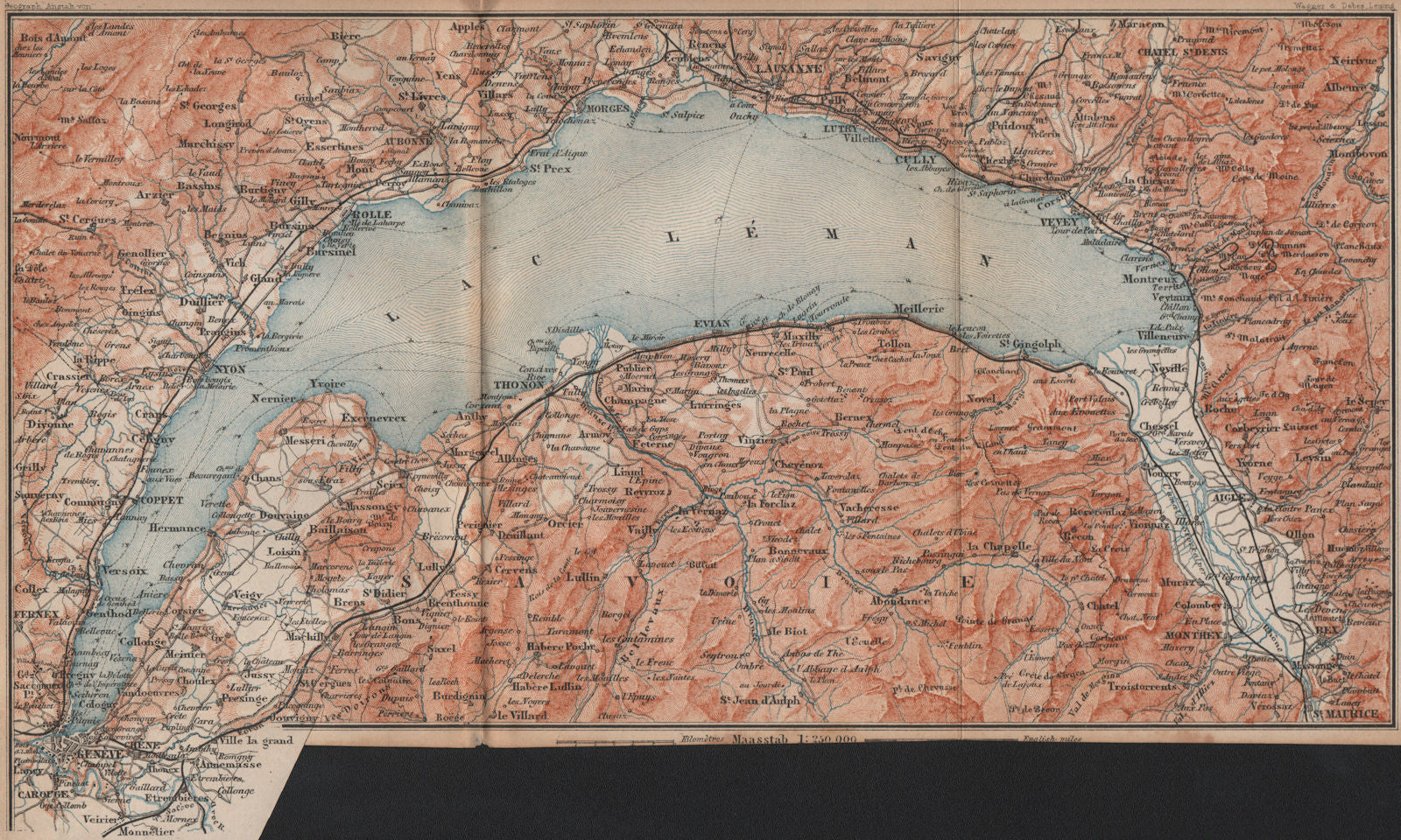 LAKE GENEVA/LAC LÉMAN. St Cergue Chatel St Jean d'Aulph Lausanne Evian 1893 map